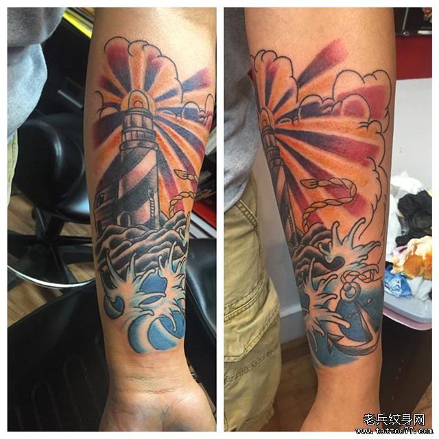 小臂欧美school灯塔海浪彩绘纹身图案