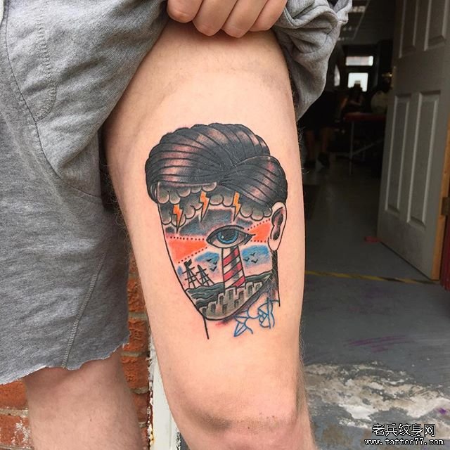 欧美大腿人像灯塔风景个性纹身图案