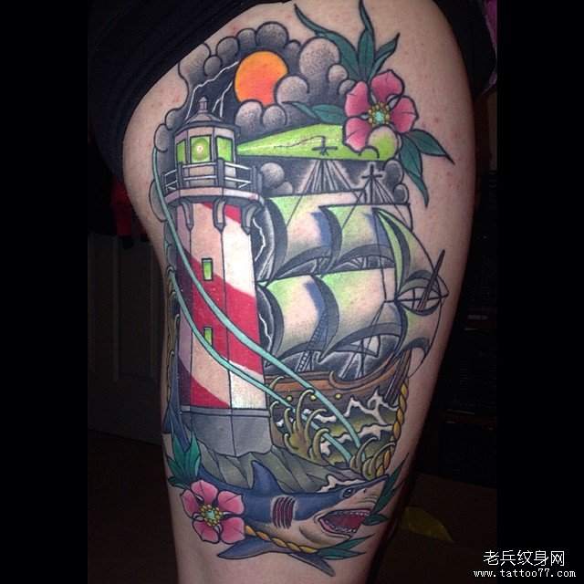 大腿彩绘鲨鱼帆船欧美灯塔纹身图案