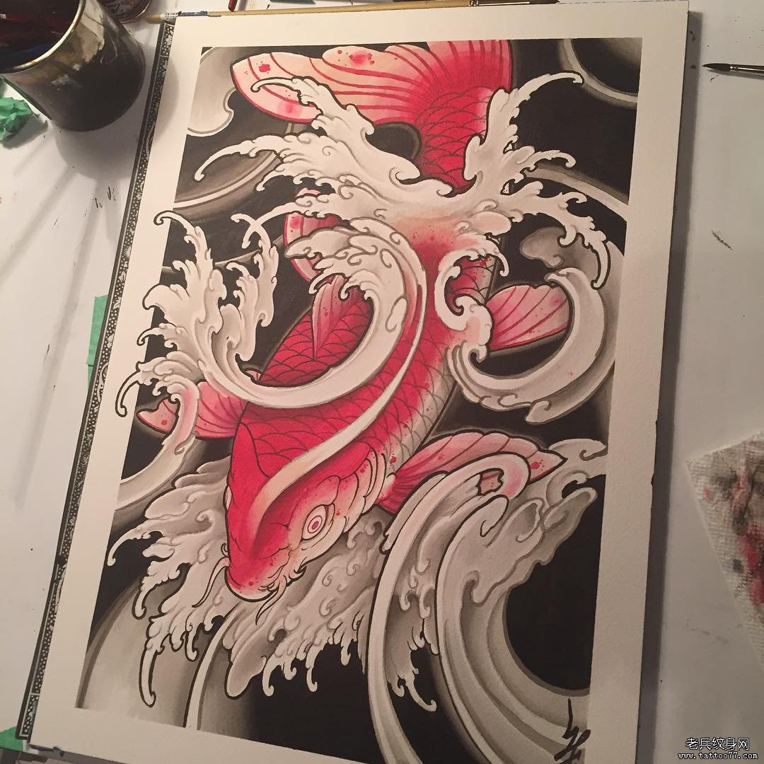 传统鲤鱼浪花彩绘纹身图案手稿