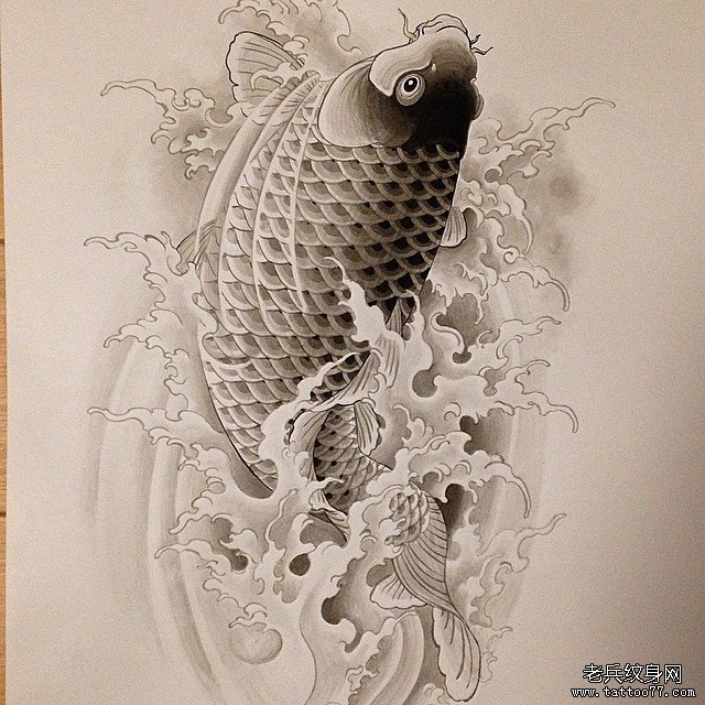 传统浪花鲤鱼跃出纹身图案手稿