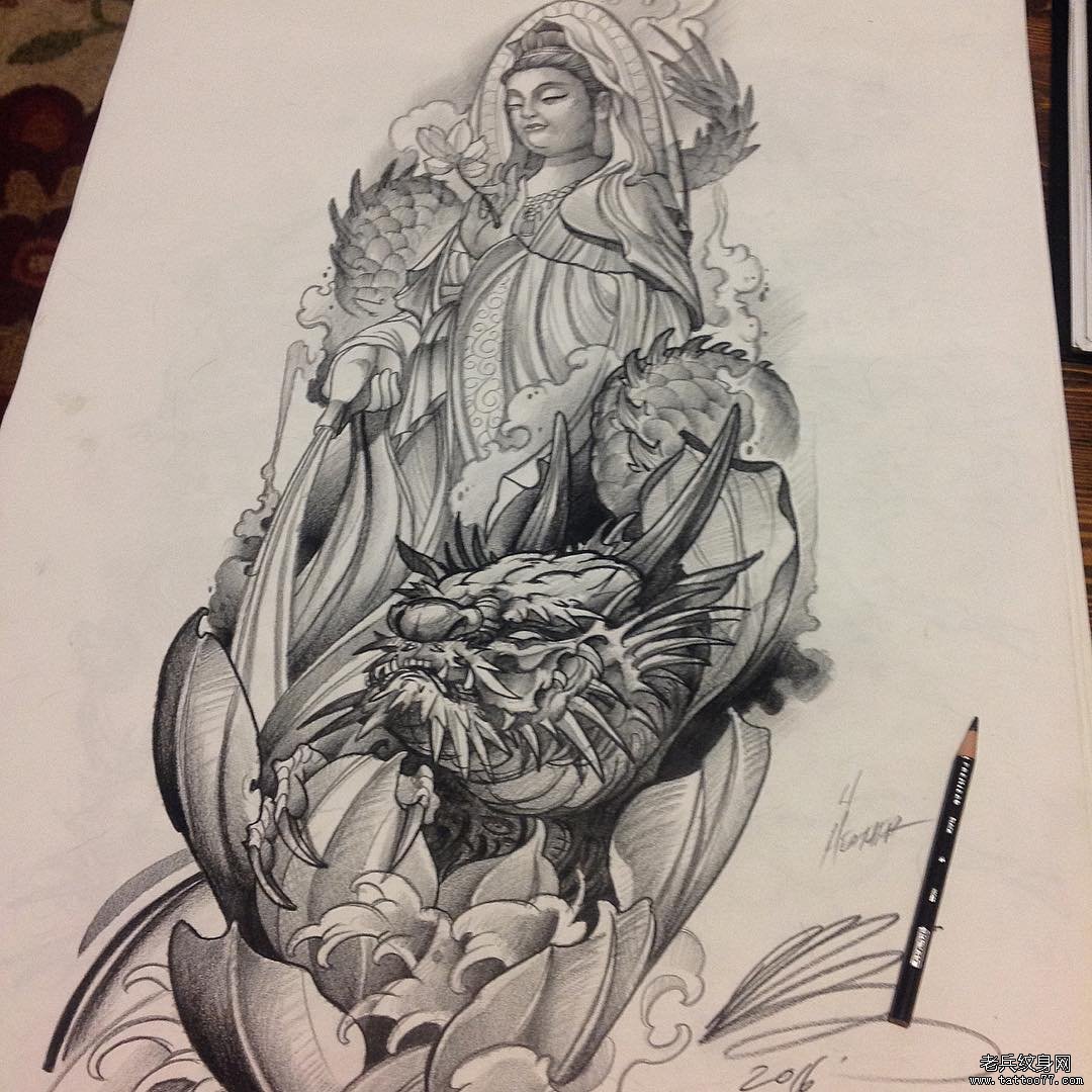 菩萨和龙传统纹身图案手稿