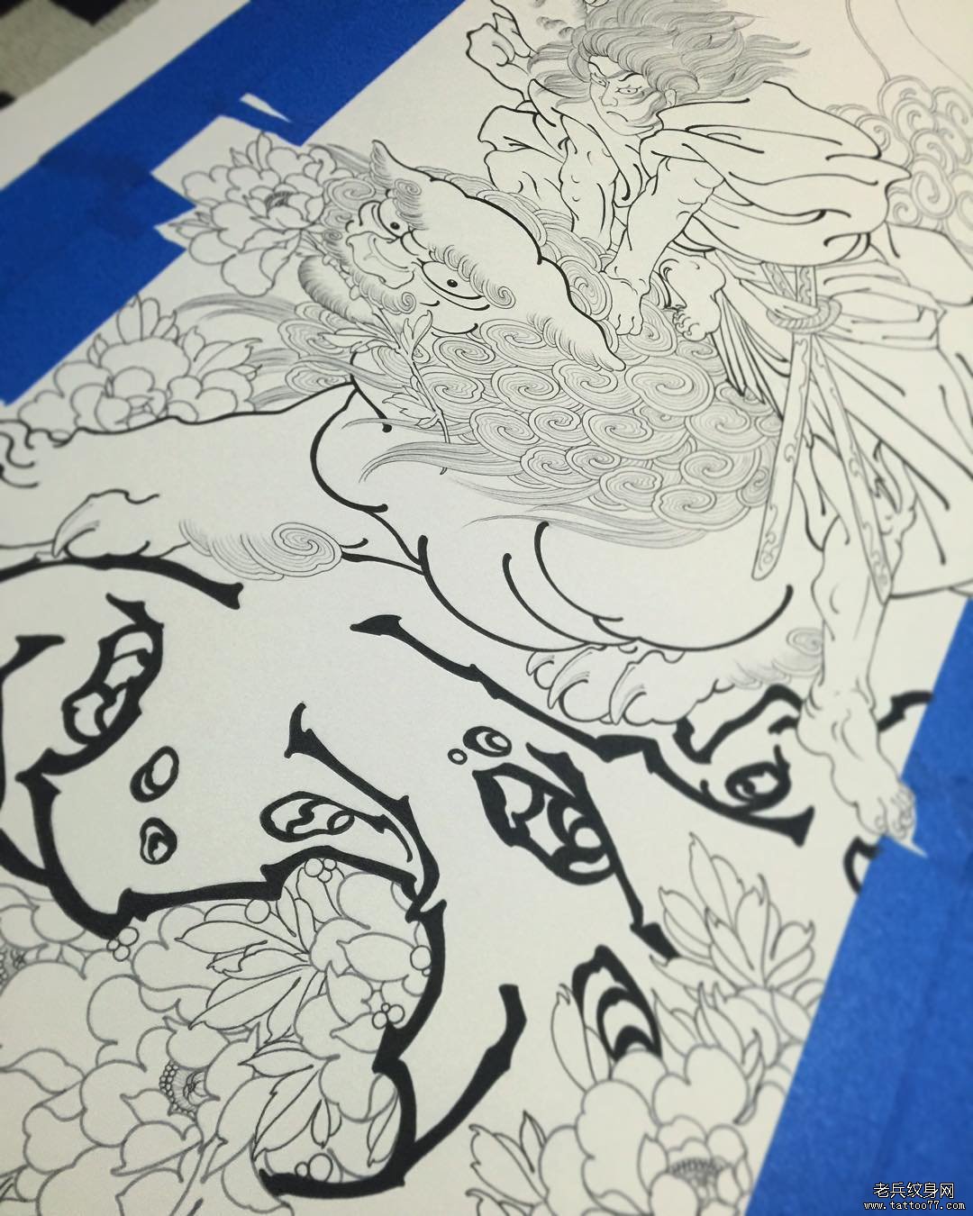 唐狮花卉传统纹身图案手稿