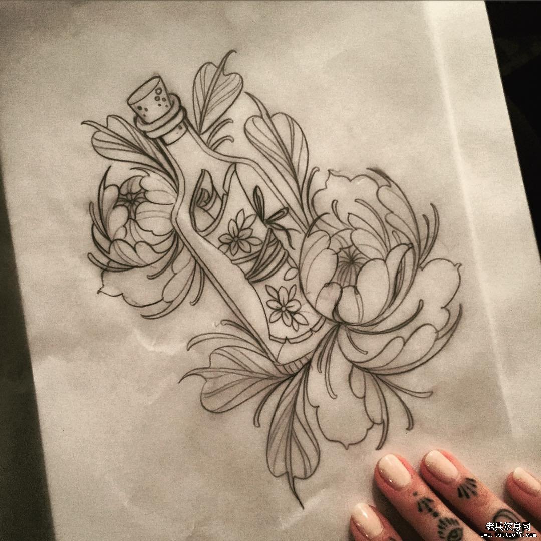 欧美school漂流瓶花卉纹身图案手稿