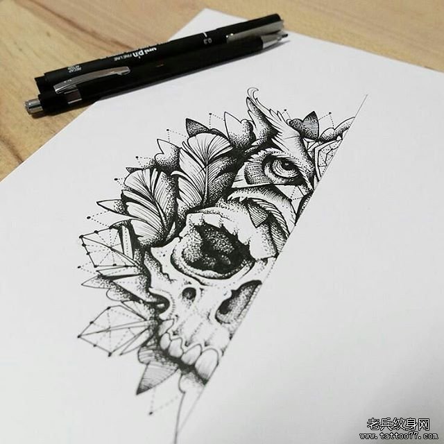 欧美点刺骷髅猫头鹰纹身图案手稿