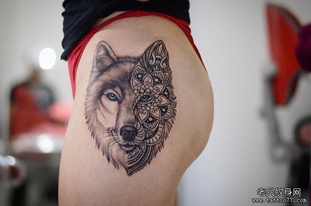 大腿图腾梵花欧美狼头纹身图案