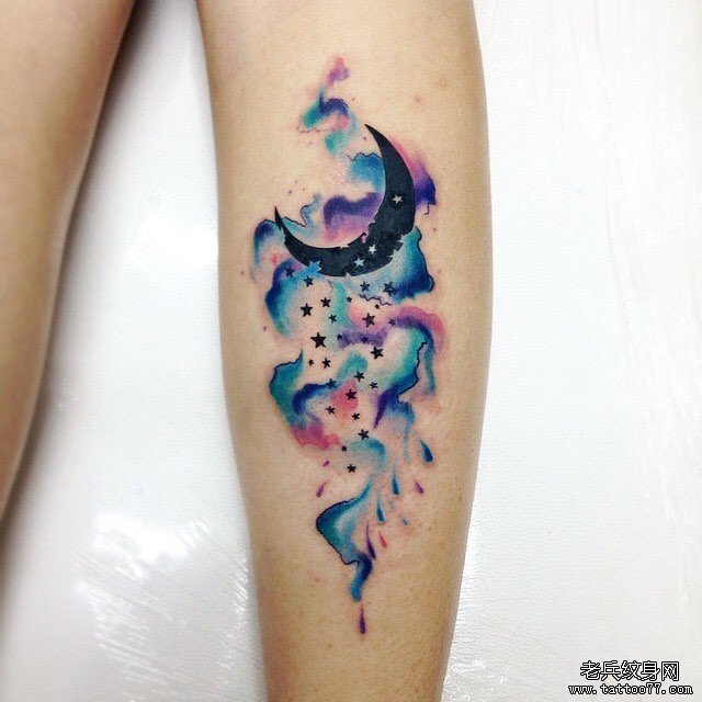 小腿泼墨小清新月亮星星纹身图案