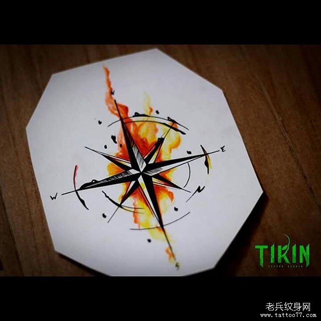 指南针泼墨彩绘纹身图案手稿