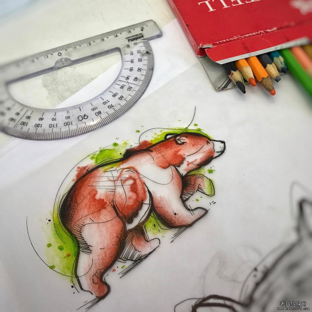 欧美泼墨熊线条纹身图案手稿