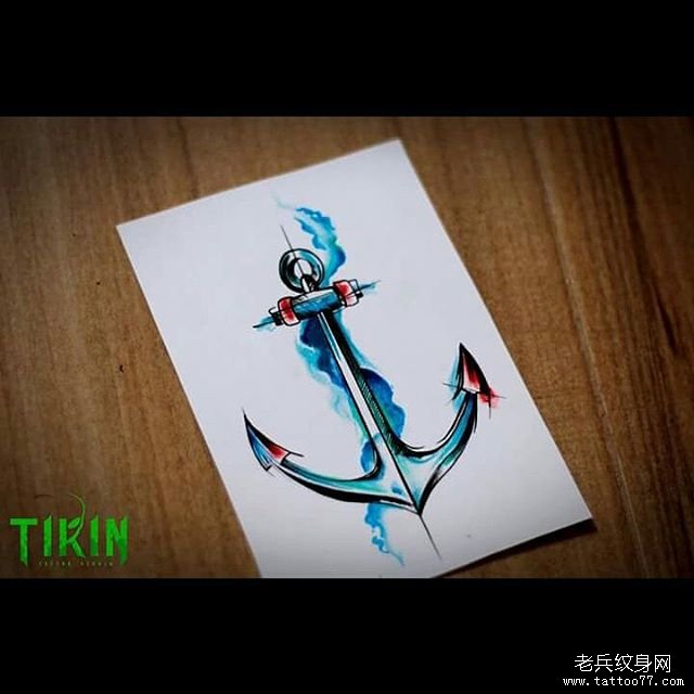 欧美泼墨船锚彩色纹身图案手稿