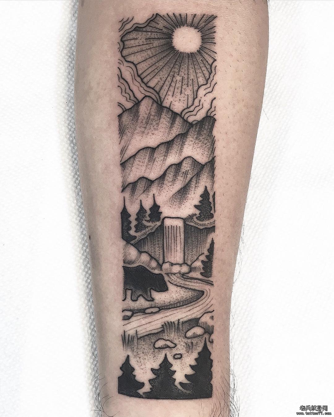 小臂欧美点刺风景纹身图案