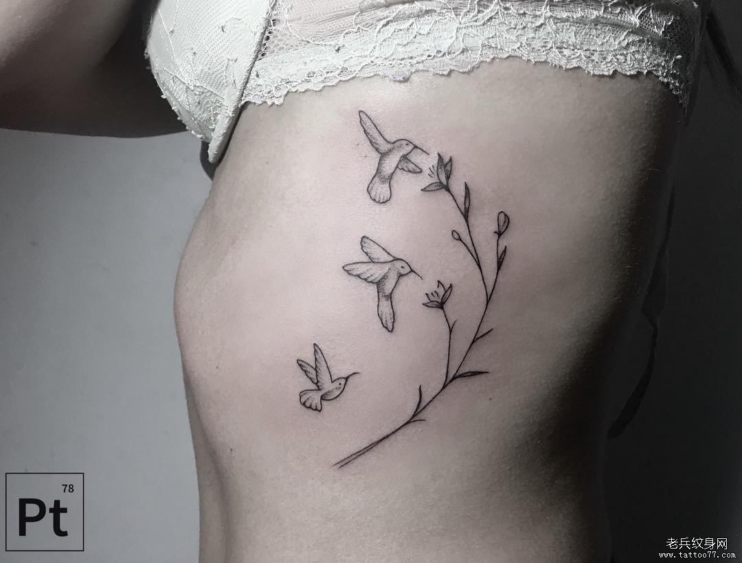 侧腰小清新树枝鸟儿纹身图案