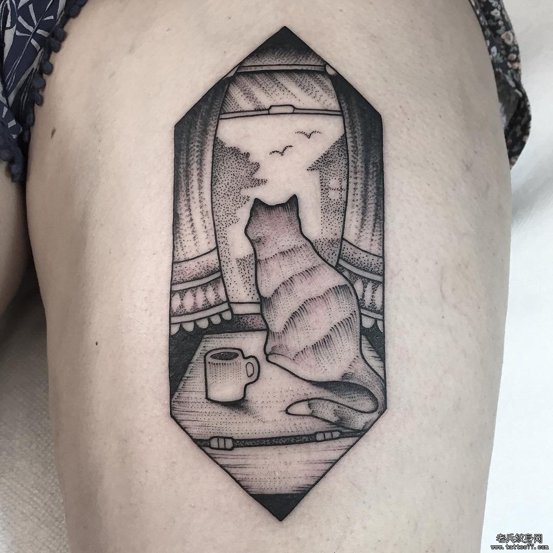 大腿性感点刺猫风景纹身图案