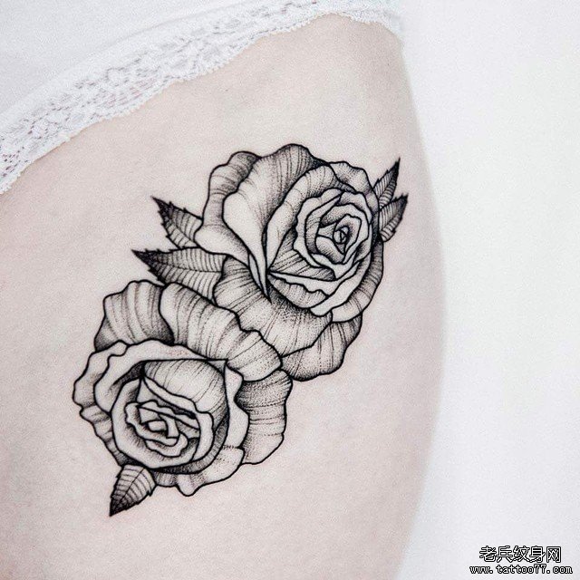 大腿欧美性感点刺玫瑰纹身图案