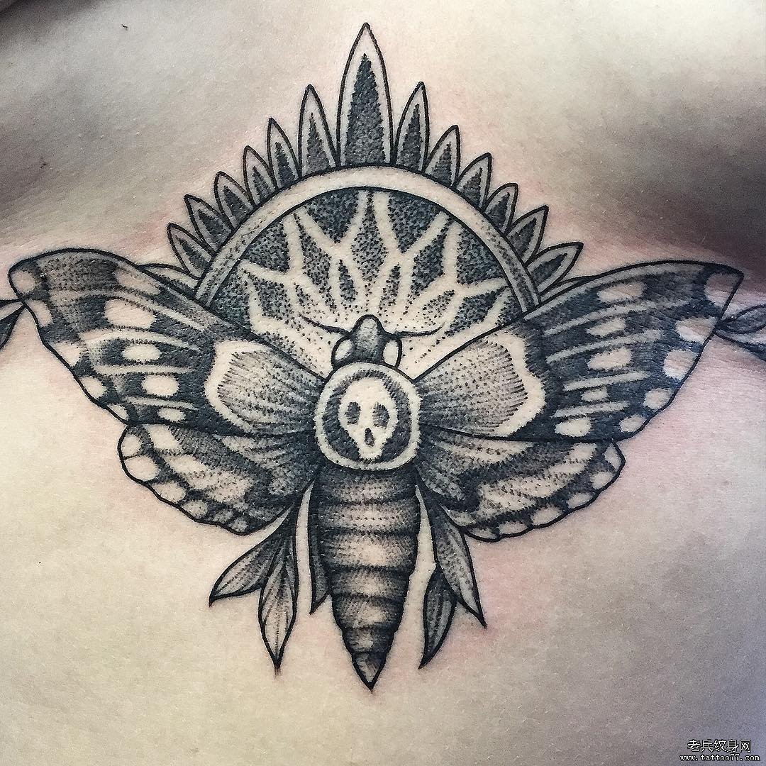 胸部性感点刺飞蛾骷髅纹身图案