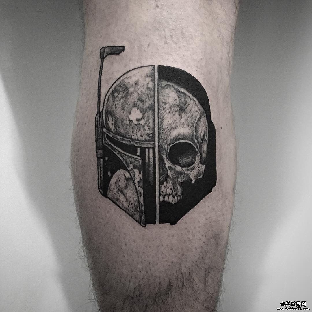 小腿鬼武士骷髅点刺纹身图案