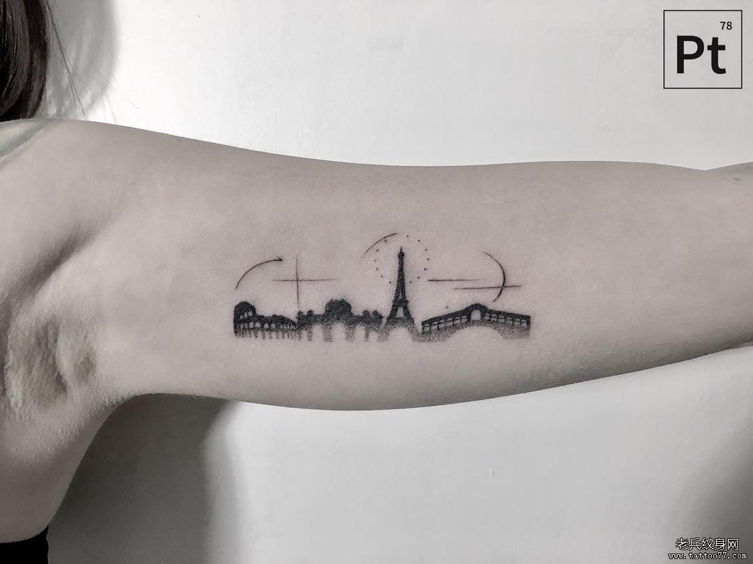大臂点刺欧美建筑风景纹身图案