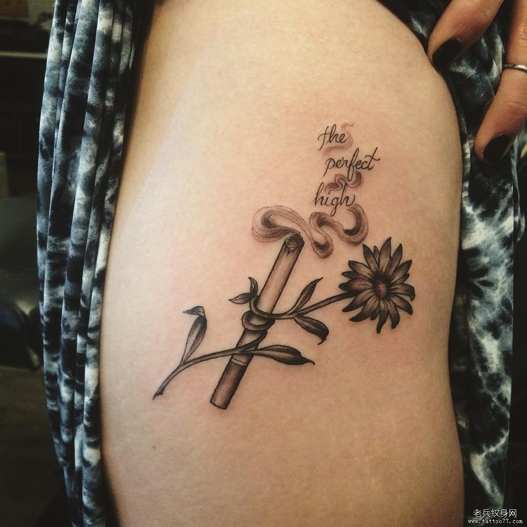 大腿性感烟小清新花卉字母纹身图案