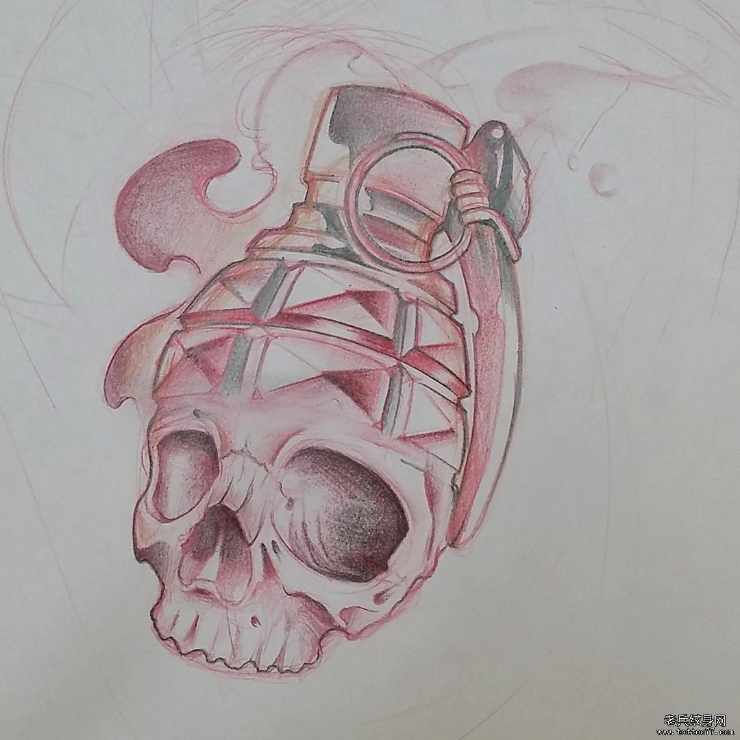 欧美school骷髅手雷组合纹身图案手稿