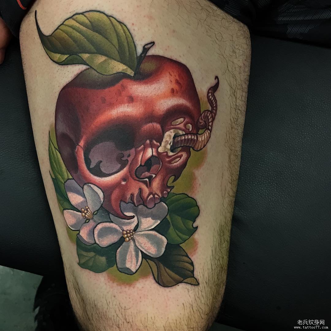 大腿school苹果骷髅花卉欧美纹身图案