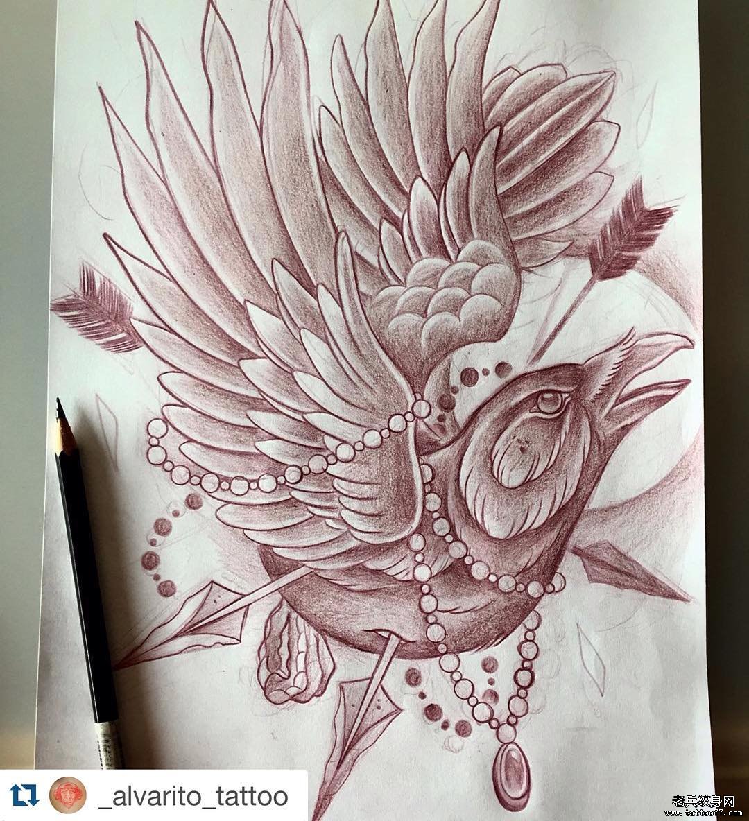 欧美乌鸦箭和宝石纹身图案手稿