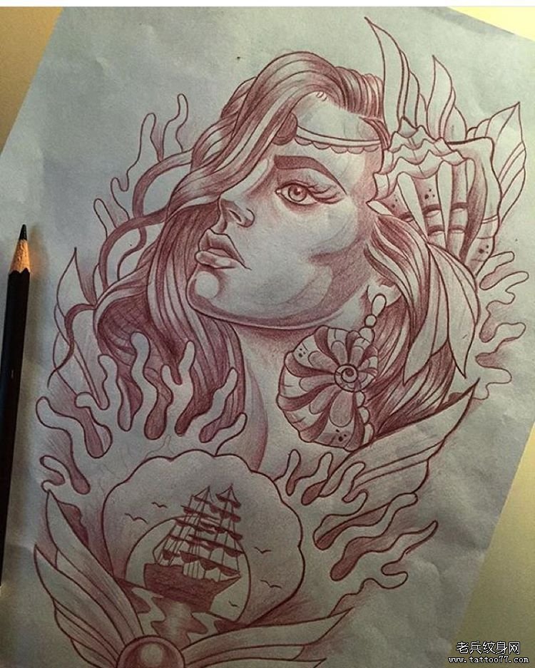 欧美school女郎帆船海螺纹身图案手稿缩略频道推荐图