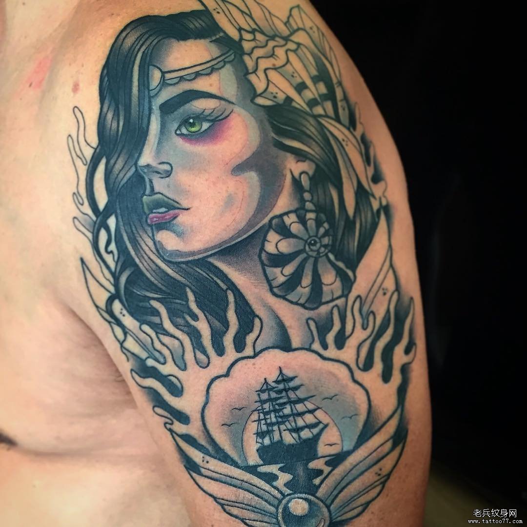 大臂欧美school女郎风景纹身图案