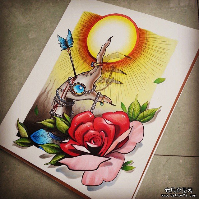 欧美new school手玫瑰太阳纹身图案手稿