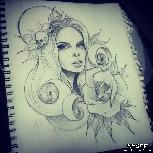 欧美school女郎骷髅玫瑰纹身图案手稿