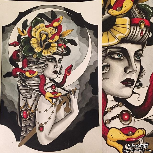 欧美school女郎花卉蛇月亮纹身图案手稿