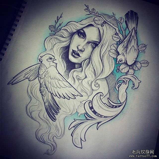 欧美黑灰school女郎小鸟纹身图案手稿