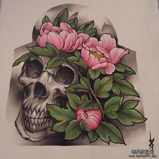 欧美new school骷髅花卉纹身图案手稿
