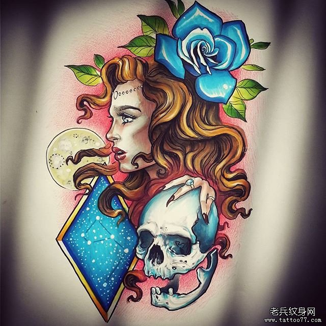 欧美school女郎骷髅月亮几何纹身图案手稿