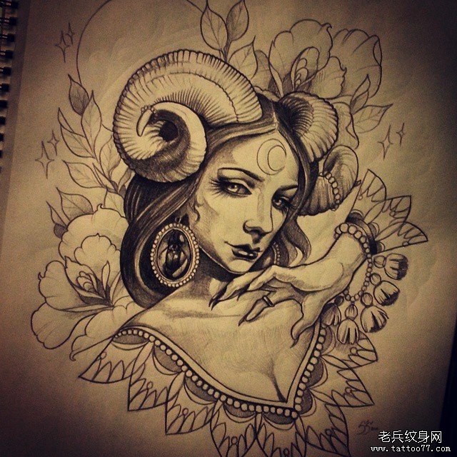 欧美羊角花卉女郎纹身图案手稿
