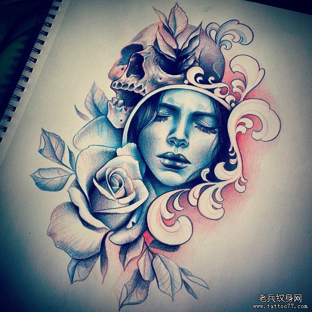 school骷髅女郎玫瑰欧美纹身图案手稿