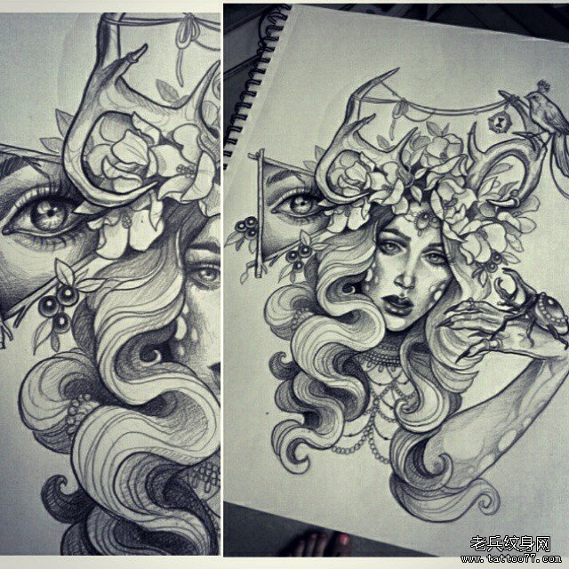 欧美女郎眼睛花卉写实纹身图案手稿
