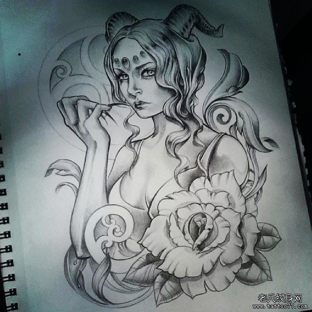 欧美school羊角女郎花卉黑灰纹身图案手稿