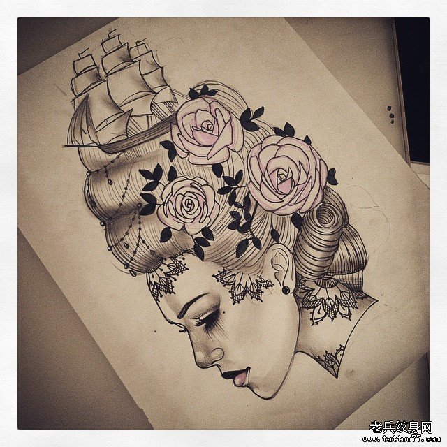 欧美school女郎玫瑰帆船纹身图案手稿