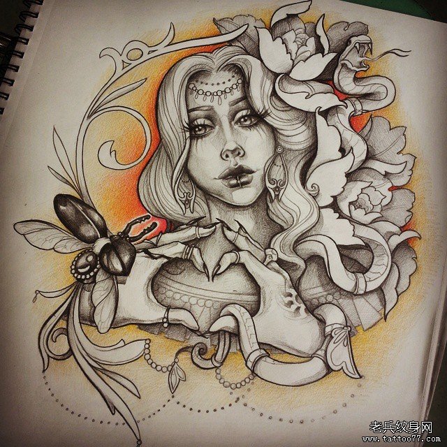 欧美school女郎蝴蝶蛇纹身图案手稿