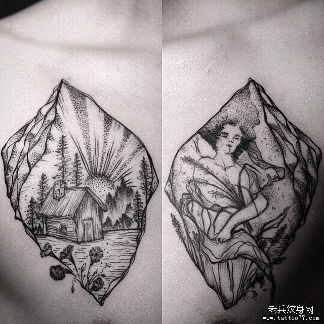 胸口人物点刺风景纹身图案