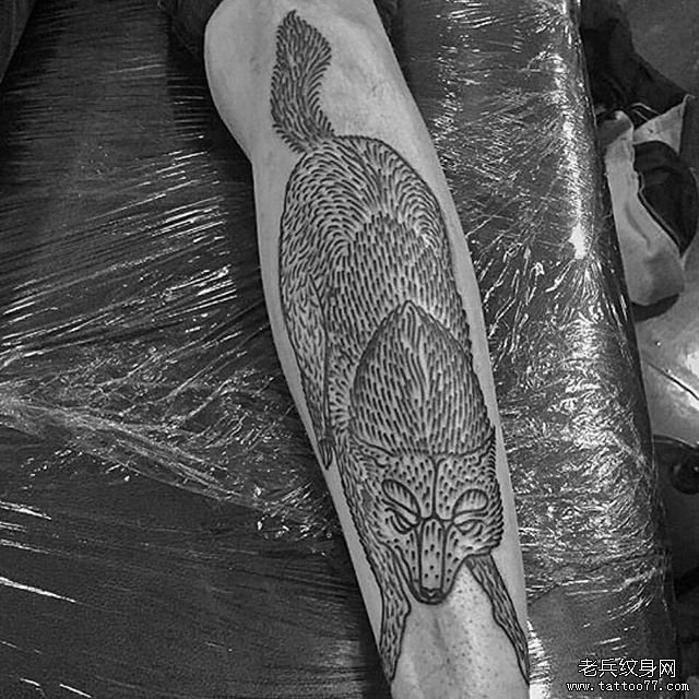 小腿狼线条个性纹身图案