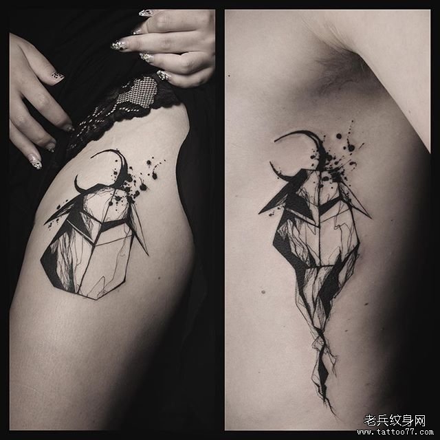 大腿性感抽象线条月亮纹身图案