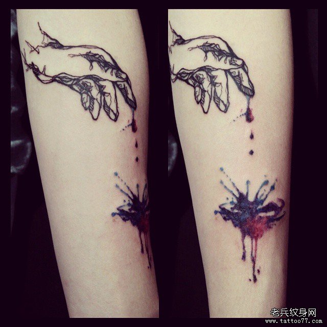小臂泼墨线条欧美手纹身图案