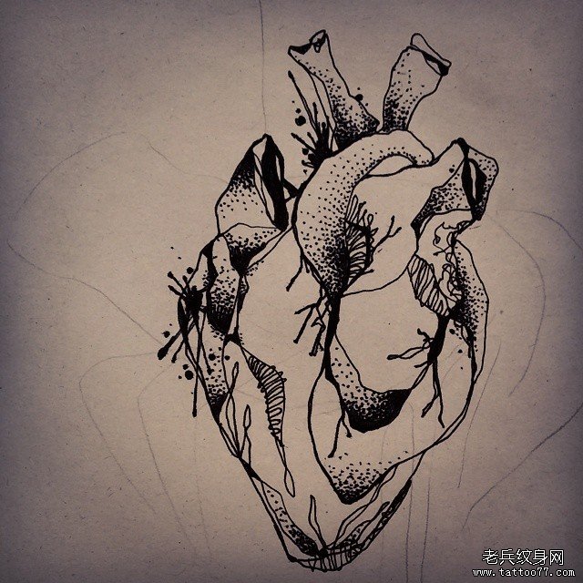 欧美心脏线条点刺纹身图案手稿