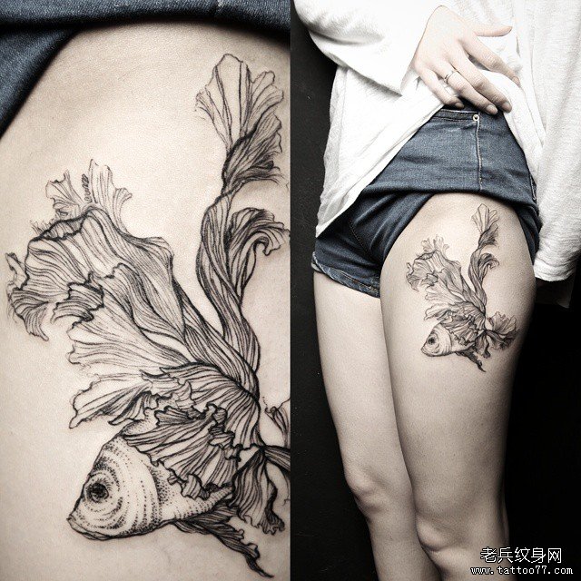 大腿性感金鱼线条泼墨纹身图案