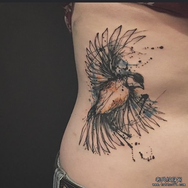 侧腰欧美线条泼墨蜂鸟纹身图案