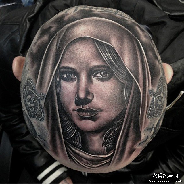头顶欧美写实圣母肖像纹身图案