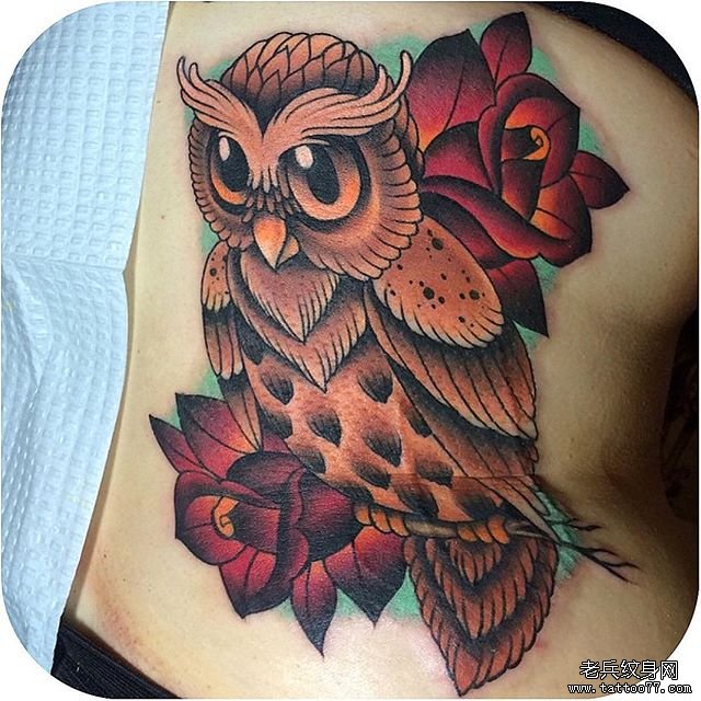 侧腰猫头鹰花卉欧美纹身图案