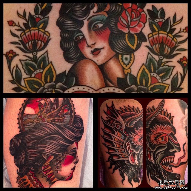 old school女郎花卉怪兽纹身图案