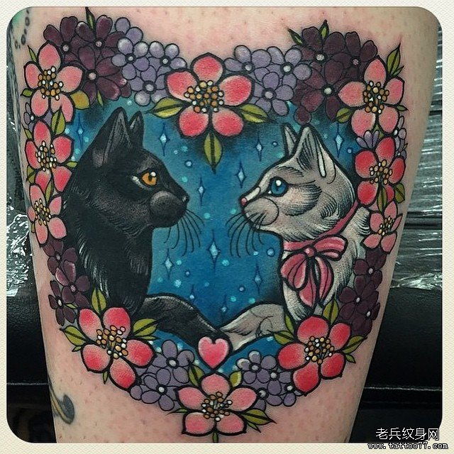 大腿欧美school花朵心形猫纹身图案